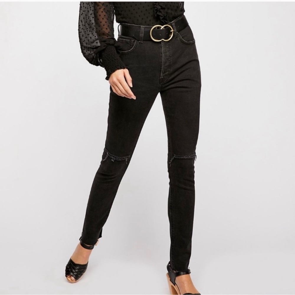 Free People We the Free Stella High Rise Button Fly Raw Hem Black Skinny Jeans